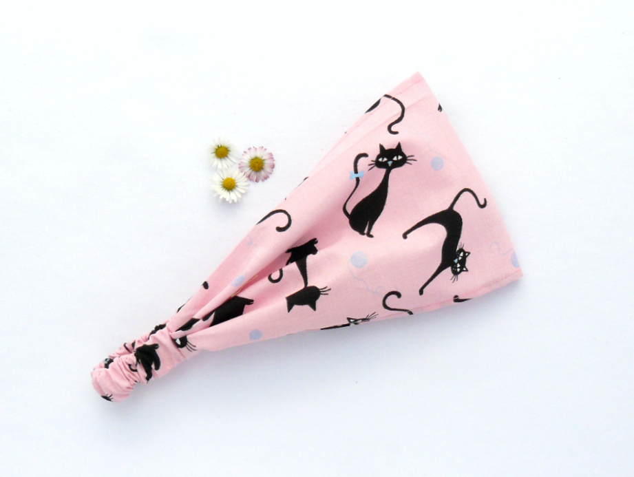 Látková čelenka - kočky na růžové - DĚTSKÁ