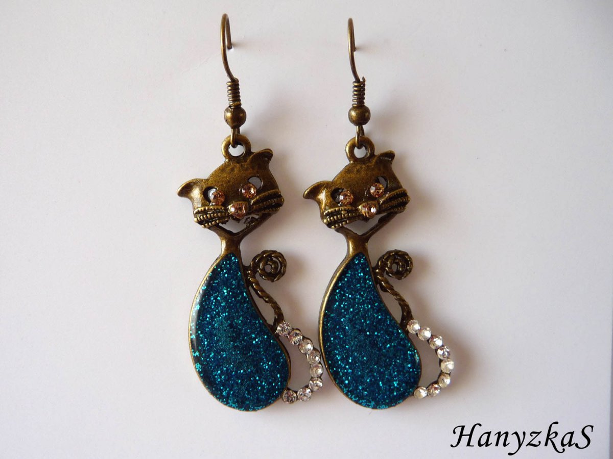 Náušnice: Dvě kočky v tyrkysové