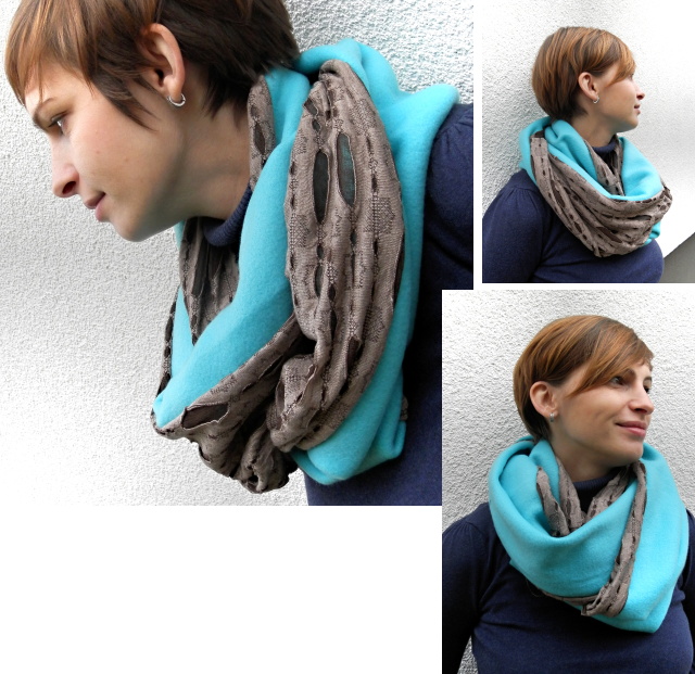 zimní šál z fleecu tyrkys a hnědá