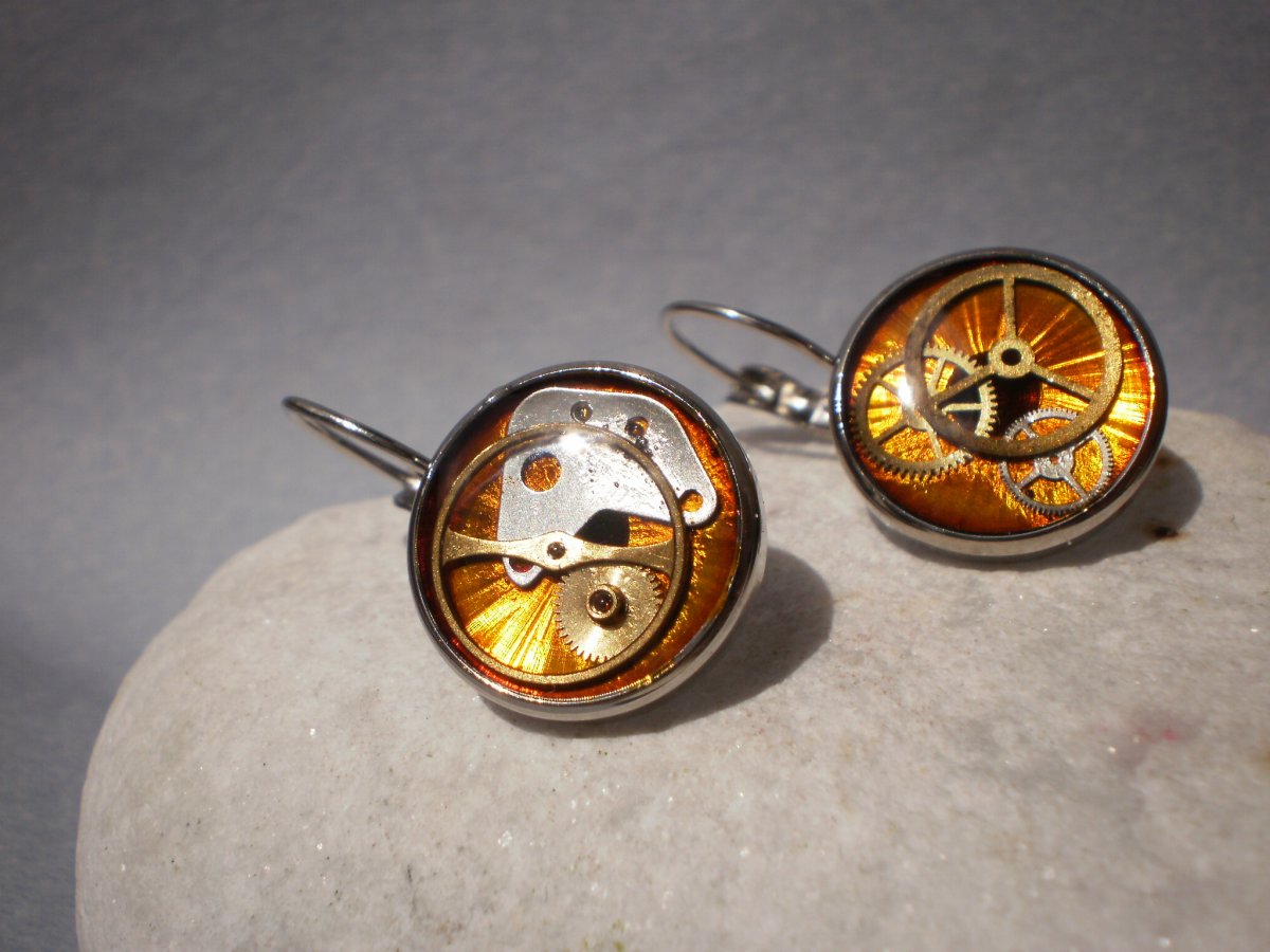 Oranžové steampunkové náušnice - chirurgická ocel