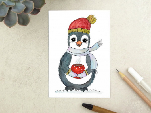 Pohlednice vánoční/zimní s tučňákem