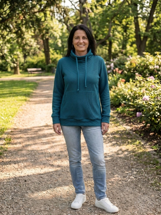 Mikina s rolákem a klokaní kapsou - vaflový vzor - barva petrolejová (teplákovina)