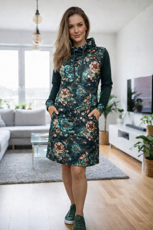 Dámská mikino-tunika s kapucí - květy na tmavě zelené (teplákovina)