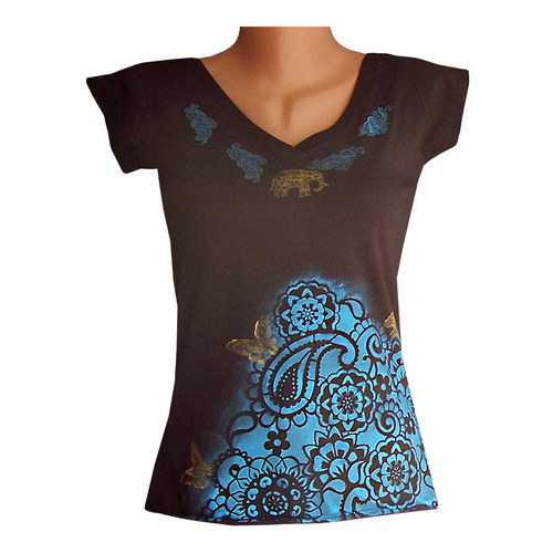 Hnědé tričko modře malované vel. 36