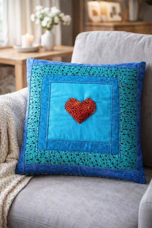 Patchworkový povlak na polštář s plastickým srdcem