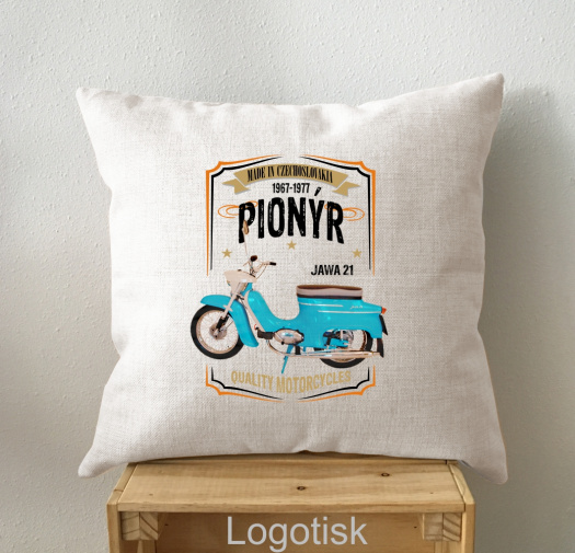 Polštář s potiskem Jawa PIONÝR 21 vintáž-modrý