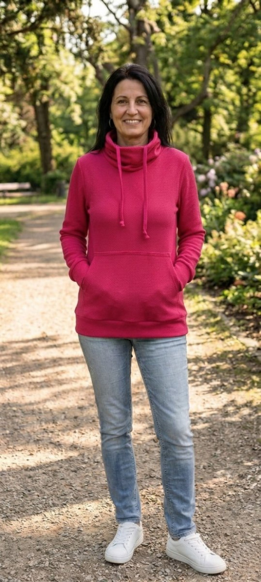 Mikina s rolákem a klokaní kapsou - vaflový vzor - barva sytě růžová (teplákovina)