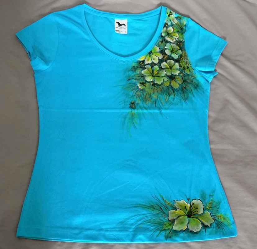 Ručně malované tričko-tyrkys