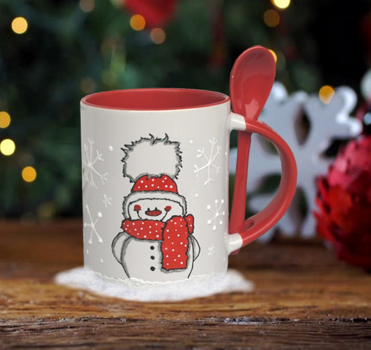 Hrnek s lžičkou - sněhulák bambulový