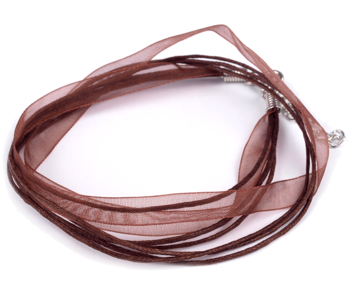 Víceřadá bavlněná šňůra se stuhou 45cm - hnědá