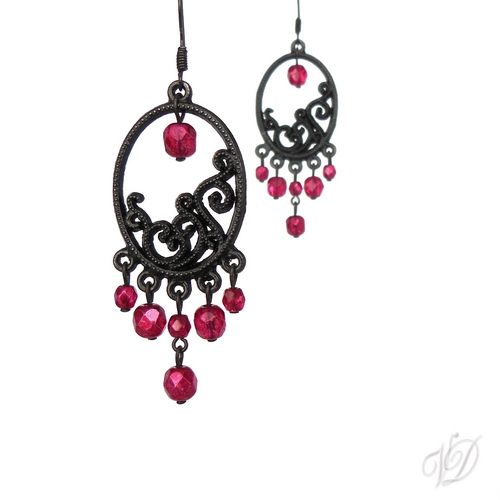 Náušnice - Orient černé ovál s červenou (0315)