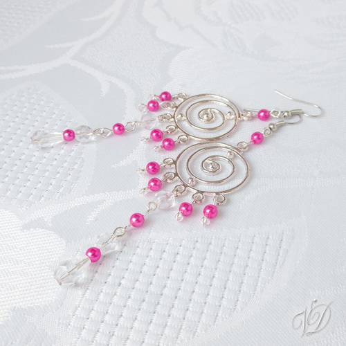 Náušnice - Spirálky stříbrné s růžovou (0005)