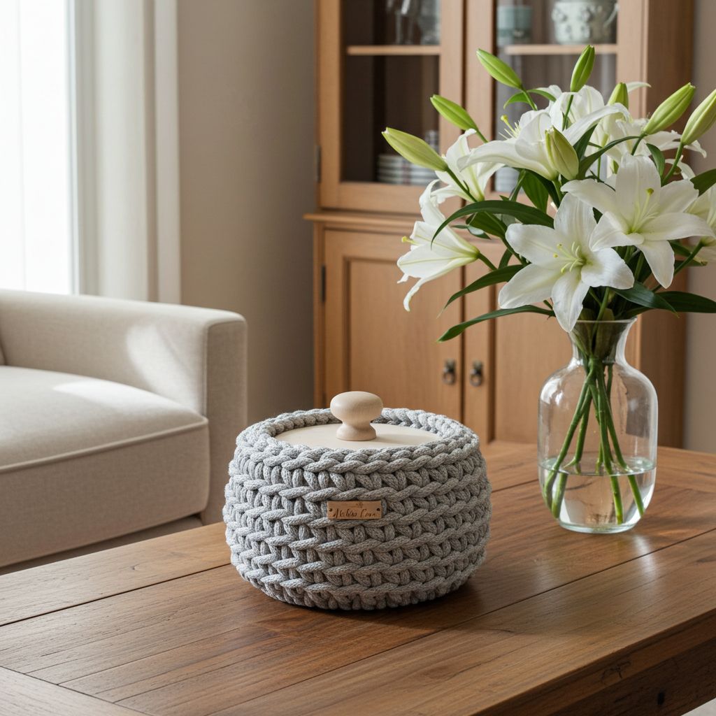 Háčkovaný košík s poklopem malý lněný