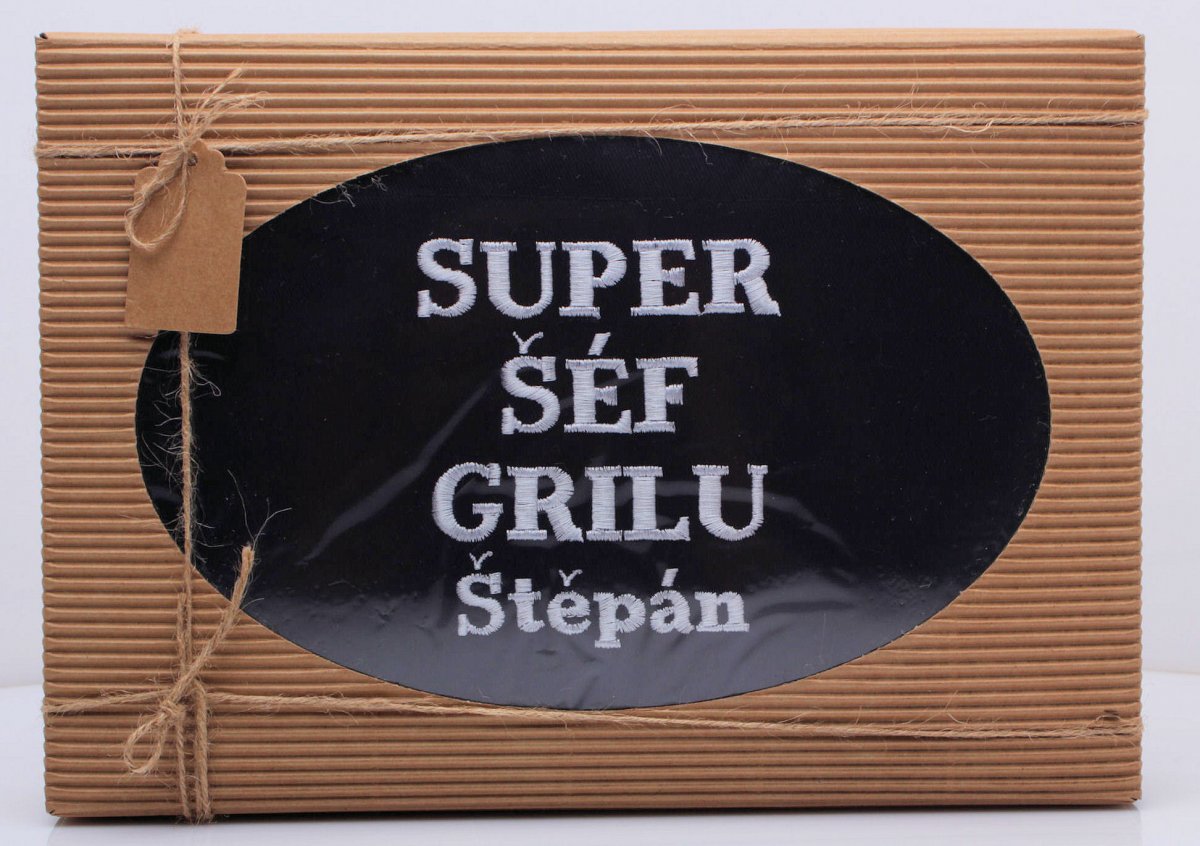 Kuchařská Vyšívaná zástěra Super Šéf grilu se jménem
