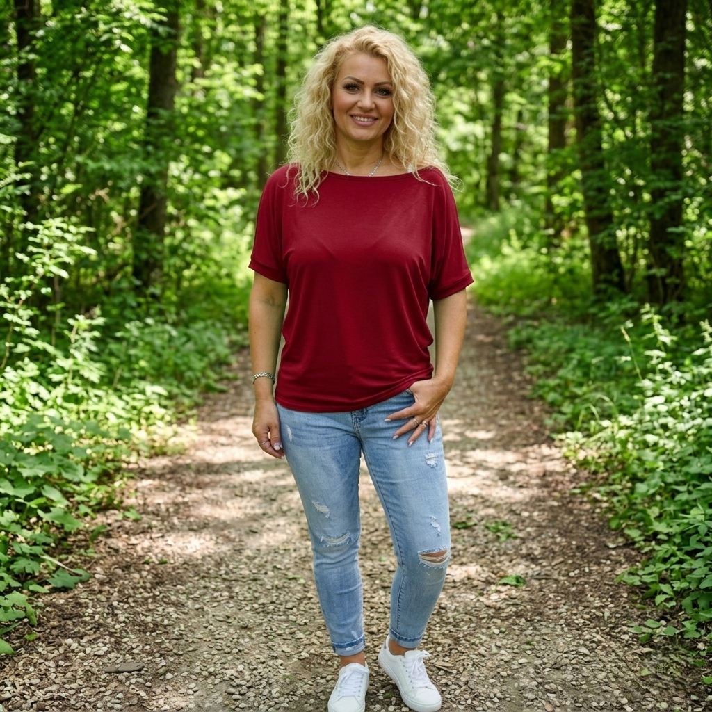 Tričko s širokým lodičkovým výstřihem - tmavě červená barva (viskóza) 