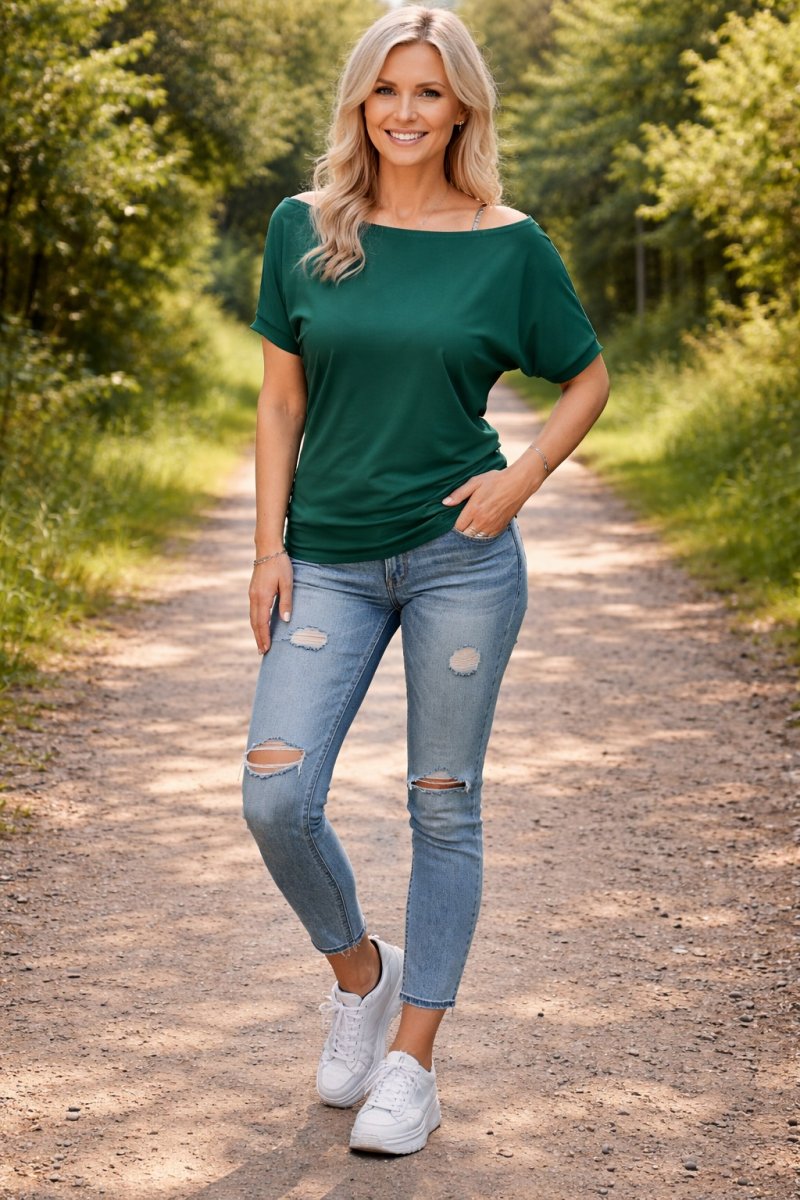 Tričko s širokým lodičkovým výstřihem - tmavě zelená barva (viskóza) 