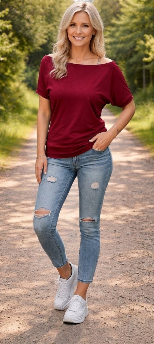 Tričko s širokým lodičkovým výstřihem - tmavě červená barva (viskóza) 