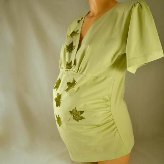 Těhotenská tunika - sv. zelená s listy L/XL