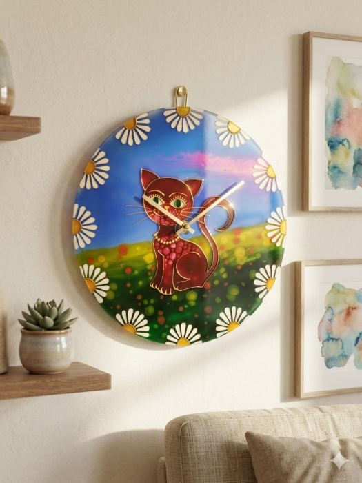 Kočka v kopretinách - ručně malované hodiny