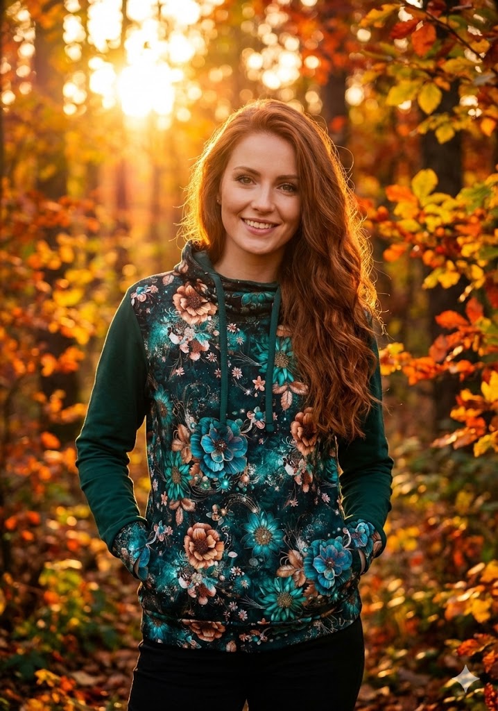 Dámská designová mikina s funkčním rolákem - zelený květ (teplákovina)