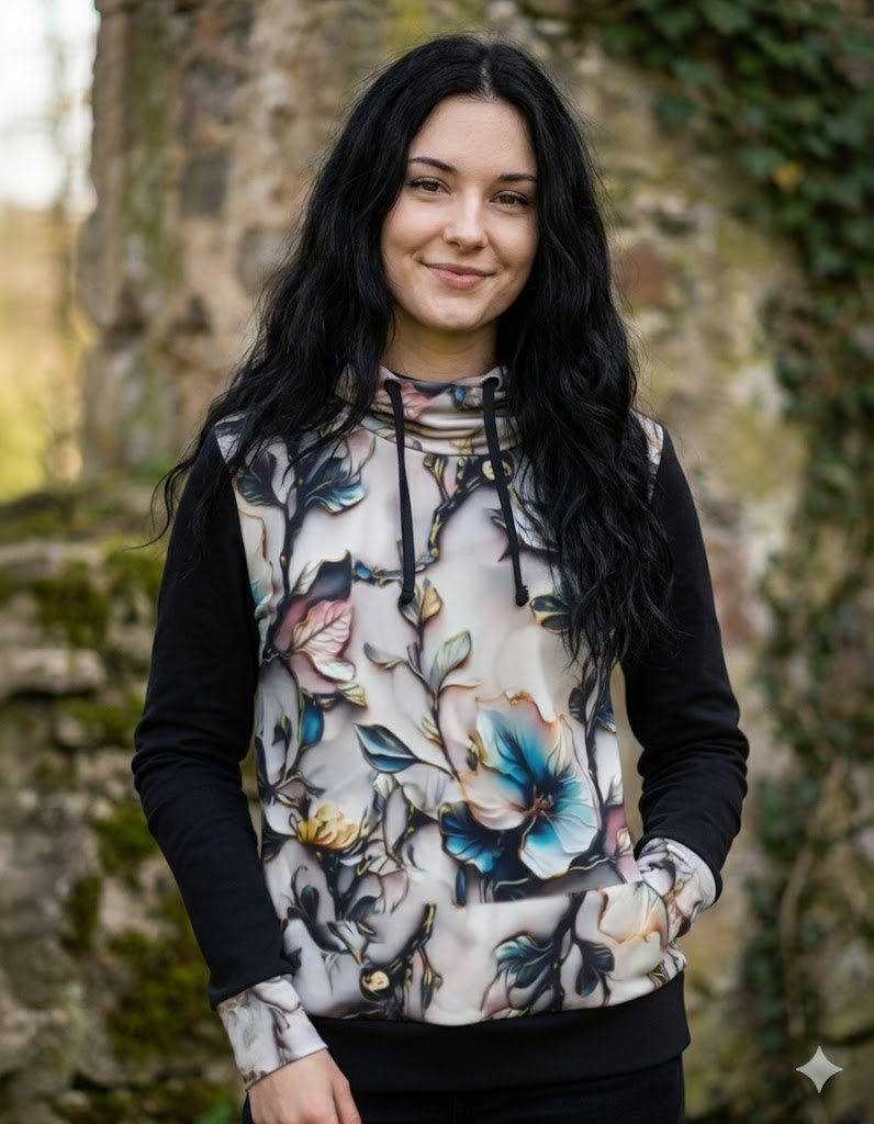 Dámská designová mikina s funkční kapucí - porcelánový květ (teplákovina)