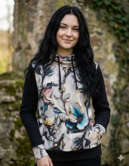 Dámská designová mikina s funkční kapucí - porcelánový květ (teplákovina)