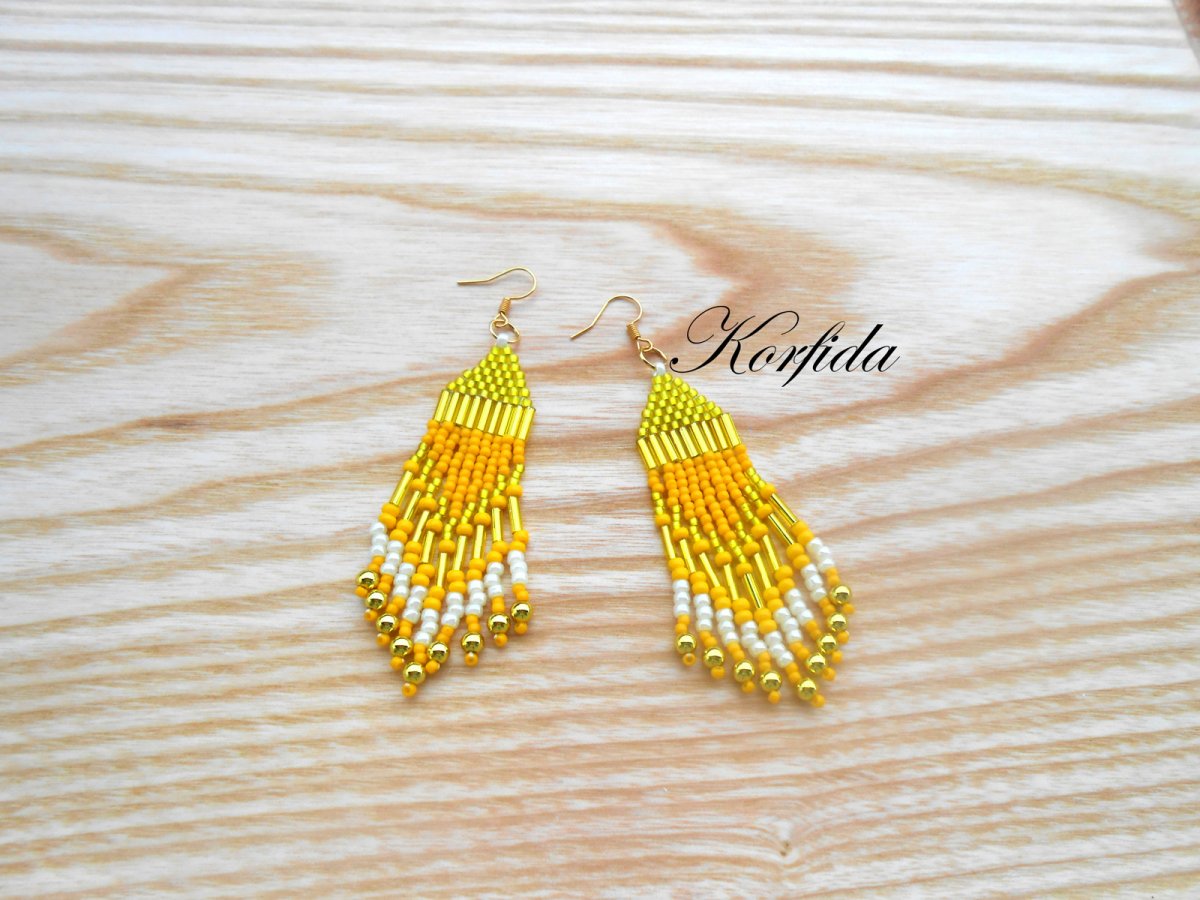 Náušnice šité žlutá + béžová (203/16)