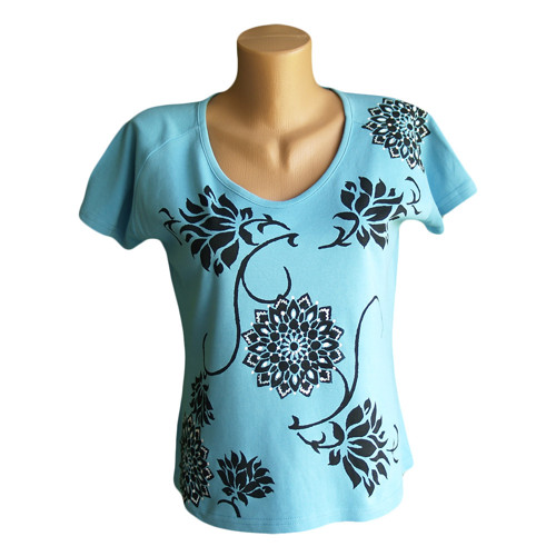 Tyrkysové dámské tričko černé kytičkové