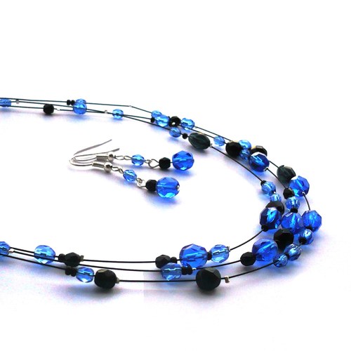 Modročerný broušený náhrdelník s náušnicemi 