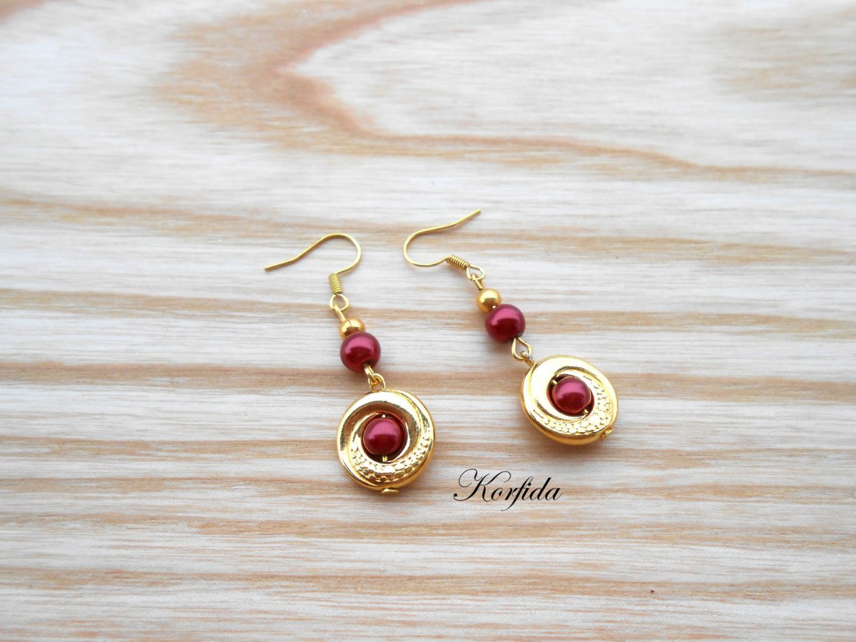 Náušnice kolečka zlatá + bordó (15/17)