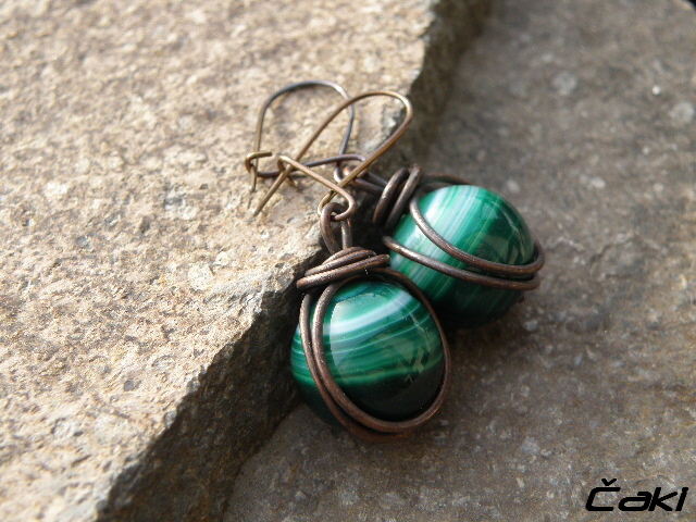 Zelený achát v mědi, naušnice
