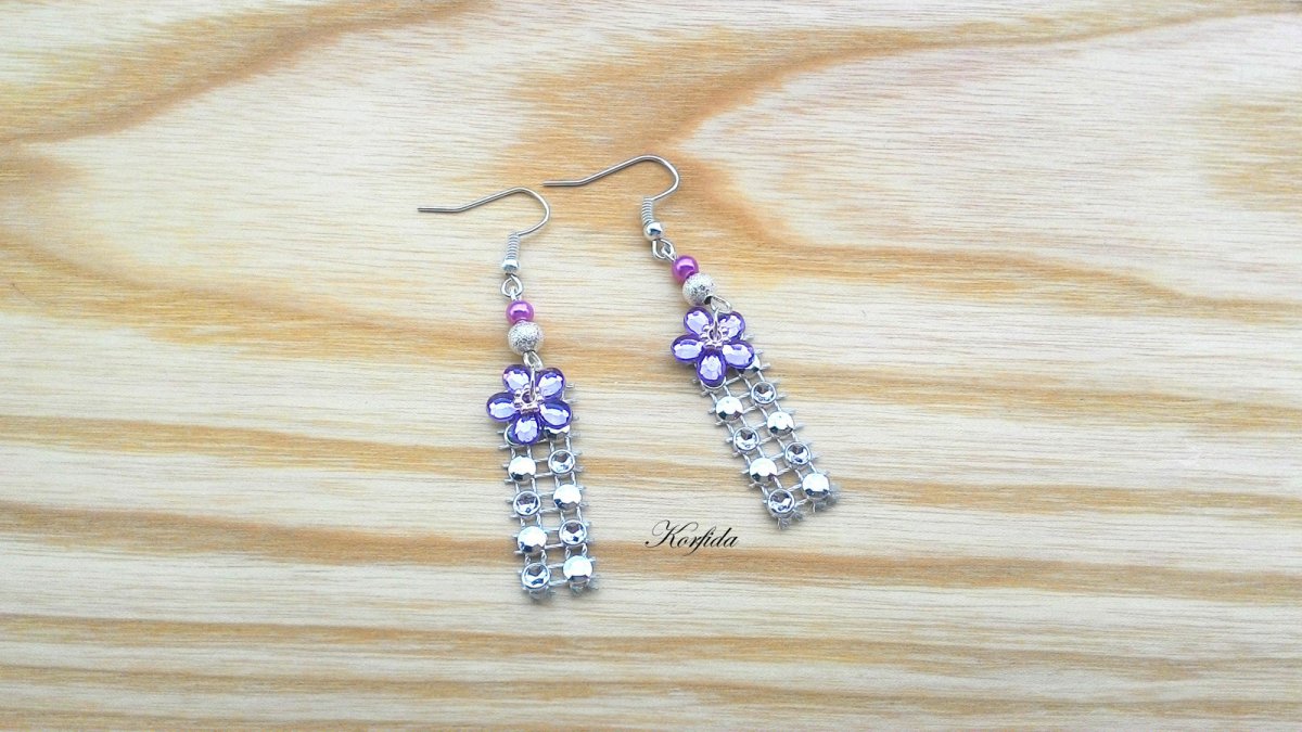 Náušnice sv. fialová kytička + obdelníček (731/16)