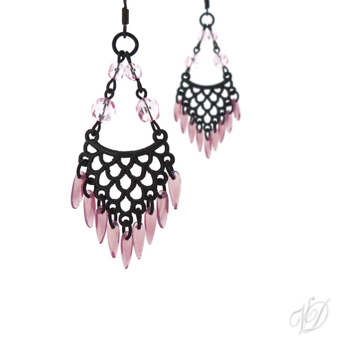 Náušnice - Orient černé víno s růžovou (0349)