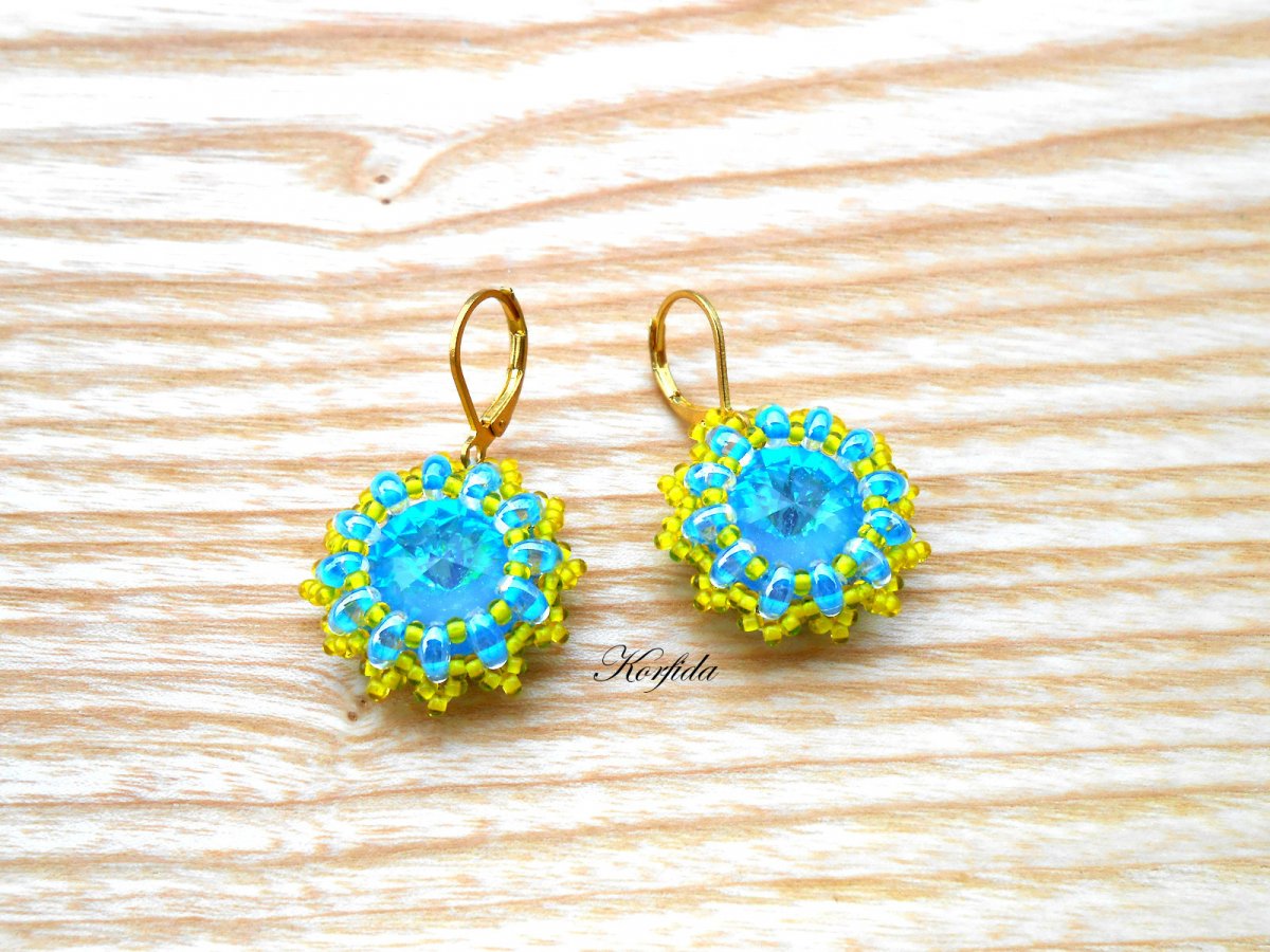 Náušnice obšité - Swarovski rivoli AC NEON BLUE (1173/14)